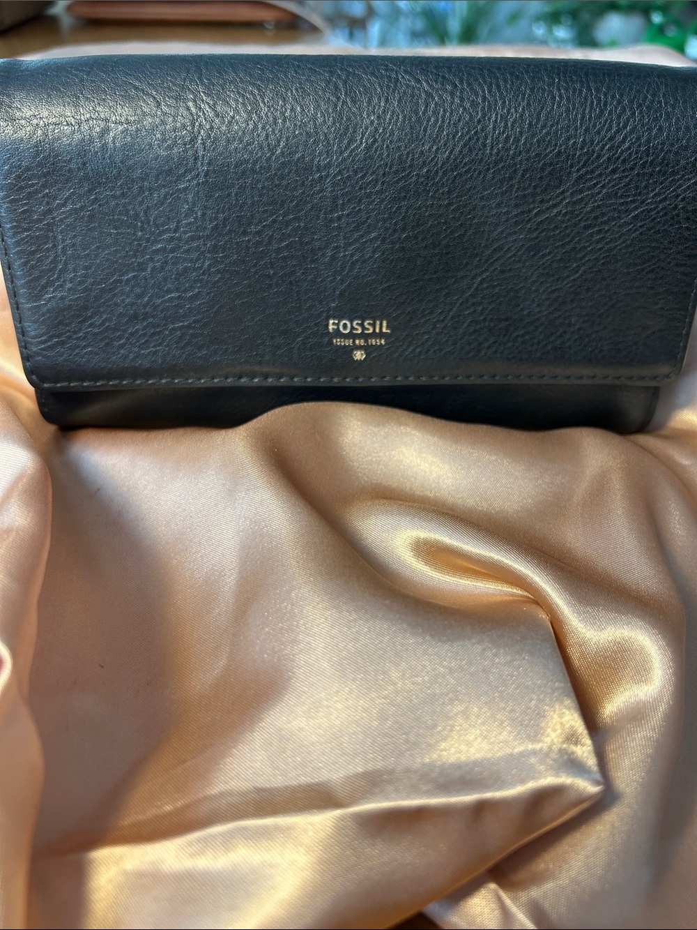 Fossil Black Leather Fold-Over Wallet with Gold Logo